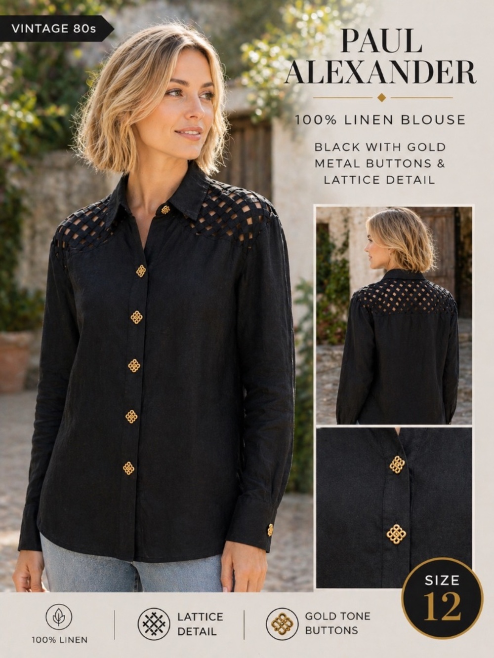 Vintage‎ 80s Paul Alexander Black Linen Blouse Gold Button Lattice Top Size 12